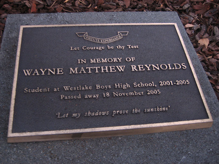 Wayne's memorial plaque at the entrance to Westlake Boys High School